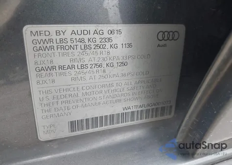 2016 Audi Allroad 2.0T Premium из США, поврежденный, VIN WA1TFAFL6GA001073